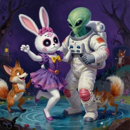 matte sharp painting, an evil alien astronaut, stalker, a cute fluffy dia de los muertos female bunny, her friend the cunning coyote, gleefully dance in a pool of water, juxtapoz, artforum, storybook, gary baseman, preston blair, tex avery, dan mumford, pedro correa