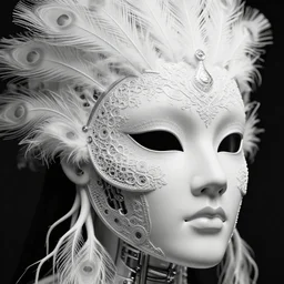 bw close - up theatrical mask, beautiful porcelain intricate bio - mechanical vegetal - cyborg, white metallic armour, white peacock feathers, roots, fine mandelbrot fractal lace, 1 5 0 mm, soft rim light, elegant, hyper real, ultra detailed, octane render, hg giger, 1 6 k