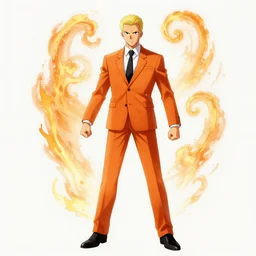 orange dressed in a suit unleashing his powers. drawn by shigenori soejima, concept art