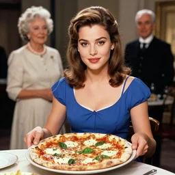 a historical photo of a young sophia loren serving pizza margherita to queen margherita of italy, intricate tiara, pearl neclase, smooth lighting, exquisit detail, masterpiece, timeless, photography by letizia battaglia