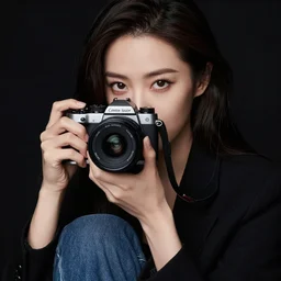 a woman in black jacket and jeans holding a camera, a photo by Camille Souter, shutterstock, art photography, studio photography, stylish, black background, highly detailed face, detailed eyes