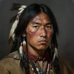 a young wounded native american warrior, close up, portrait, sinister atmospheric lighting. highly detailed painting by greg rutkowski, anime style