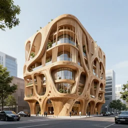 futuristic timber building in a urban setting