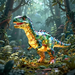 holographic low - poly glowing dinosaurs in a foggy jungle, by noah bradley