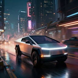 photo of combat tesla cyber truck driving on wet dystopian cyberpunk city streets at night, rocket league, mad max, action, speed, volumetric lighting, hdr, gta 5, makoto shinkai, syd mead, craig mullins, cinematic, fast and furious, octane, 8 k, iso 1 0 0, 1 2 mm