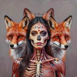 painting of [ hybrid between hispanic woman super model!!!!!! & red fox ], intercrossed human & animal, day of the dead style, human face with fox whiskers and ears, half!!! of the face skin removed exposing half the face, muscles and skull bones, completely centered, symmetrical, trending on artstation, mixture, by zdzislaw bek