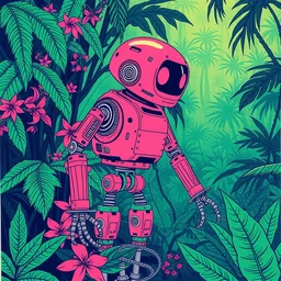 risograph print original a 5 riso illustration artprint robot in the rainforest green pink