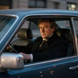 1 9 9 8 peter the great wearing a black wool coat and necktie in his car driving through the streets of chicago at night. cinematic dramatic atmosphere, sharp focus, soft volumetric studio lighting. high detail, photorealistic