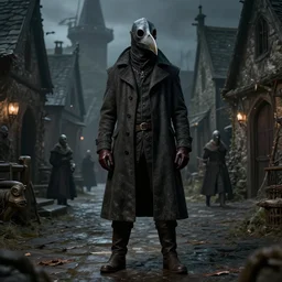 A man draped in a ankle-length overcoat with leather gloves and boots wearing a bird-like beak mask in a medieval village by Greg Rutkowski, Bloodborne, 4k photorealistic, volumetric lighting, HD, high details, dramatic, dark atmosphere, trending on artstation