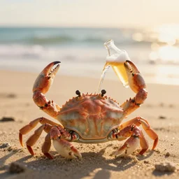 a happy crab drinking a beer in a beach, golden hour, bokeh, 4k