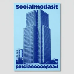 socialmodersist building, light blue background, brutalist architecture, poster, screen print, raster, central composition, minimalist