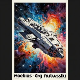 Retro futuristic Sci-Fi poster by Moebius and Greg Rutkowski, Giant spaceship, nebulae, multicolored gas clouds