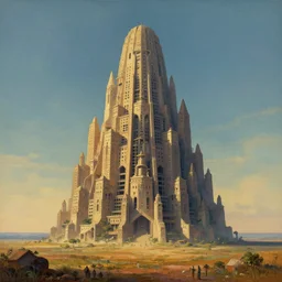 a majestic tower of babel standing on a vast plain ， super wide angle ， matte painting ， rtx on ， maxfield parrish and lee medgwick and simon stalenhag ， trending on cgsociety and artstation, unreal engine ， volumetric light ， surreal ， poster style ，