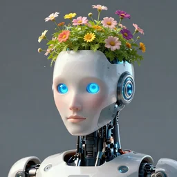 close up portrait of a robot with flowers growing out of its head, artstation