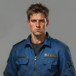 Portrait of a man by Greg Rutkowski, he is about 30 years old, Nordic and Hebrew factions, messy brown short hair, strong, tired expression, father figure image, he is wearing a aegean blue utilitarian jumpsuit, highly detailed portrait, scifi, digital painting, artstation, concept art, smooth, sharp foccus ilustration, Artstation HQ.