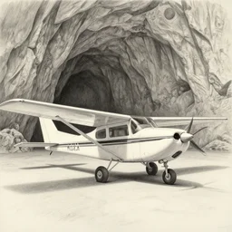 hyperrealist pencil sketch of a cessna in a colossal cave by david malan and alphonse mucha, fantasy art, drawing, dynamic lighting, artstation, poster, volumetric lighting, very detailed faces, 4 k, award winning