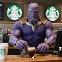 thanos working in starbucks, reality, realistic, detailed, 8 k, award winning, wide shot,