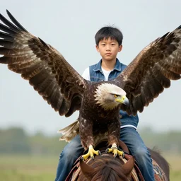 a boy riding an eagle, realistic photograph