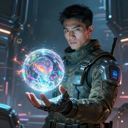portrait sci-fi art by Ruan Jia and Raymon Swanland, a glowing alien neon glass orb floating above the hand of a soldier, solar flares, detailed and intricate futuristic environment, cyberpunk, neon color bioluminescence, transparent reflective metal, dramatic lighting, cinematic, high technology, highly detailed portrait, digital painting, artstation, concept art, smooth, sharp focus, illustration, Artstation HQ