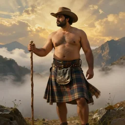 a dramatic epic beautiful ethereal painting of a handsome beefy shirtless desi man in the mountains | he is wearing a plaid kilt and cowboy hat, and holding a walking stick | background is clouds | dramatic lighting, golden hour, homoerotic, realistic, art nouveau | by mark maggiori and walter crane | trending on artstation