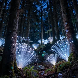 crystal forest, fiber optic lights, neon glare, nacreous flare