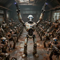 a realistic deranged robot with arms held high in triumph, standing in front of hundreds of robots inside a huge rusty dingy warehouse, army of robots, raygun gothic, atomic punk, digital art, detailed octane render, high angle
