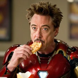 a full portrait photo of robert downey jr eating mcdonald in movie iron man, f / 2 2, 3 5 mm, 2 7 0 0 k, lighting, perfect faces, award winning photography.