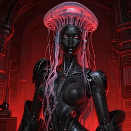 portrait of an absurdly beautiful, graceful, sophisticated, fashionable black cyberpunk mechanoid gravure idol, hyperdetailed illustration by irakli nadar, adut akech, matt wisniewski style, intricate linework, dark black porcelain skin, jellyfish headdress, unreal engine 5 highly rendered, global illumination, red light, detailed and intricate environment