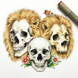 skulls : : lions : : flowers : : by richard dadd, by yoshitaka amano, marker art, rgb : : happy, excited, strong, powerful : : massive scale, grassland, large field : :