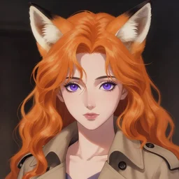 portrait illustration by shigenori soejima, beautiful girl with fox ears, focus on face, purple - eyes, pretty, cinematic lighting, painterly, long wavy orange hair, light brown trenchcoat