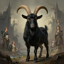 portrait shot of evil black goat, a scenic dystopian environment, intricate, elegant, highly detailed, centered, digital painting, artstation, concept art, smooth, sharp focus, illustration, artgerm, tomasz alen kopera, peter mohrbacher, donato giancola, joseph christian leyendecker, wlop, boris vallejo