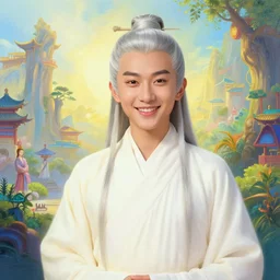 portrait painting of a 6 0 year old kind smile handsome chinese taoist priest, like liangchao wei, silver ponytail hair, amiable by wenjun lin, irakli nadar, bright colors, octopath traveler, wenjun lin, unreal engine 5 highly rendered, global illumination, radiant light, detailed and intricate environment