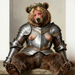 blushing, sweating, seductive country bear big al, blonde hair, wearing silver medieval armour, posing seductive, looking seductively, ornate wreath, legs, oil painting by titian, hard focus