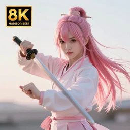 highly detailed beautiful photo of madison beer as a young female samurai, practising her sword staces, symmetrical face, beautiful eyes, pink hair, realistic, 8 k, award winning photo, pastels colours, action photography, 1 / 1 2 5 shutter speed, sunrise lighting
