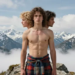 a homoerotic portrait by greg rutkowski and albert bierstadt and bill ward of a shirtless desi hiker on a mountain peak wearing a revealing tartan kilt | background is snowy mountains and clouds | detailed face, ethereal, dreamlike | trending on artstation