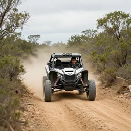 an off road buggy drives towards the viewer along a forest dirt track. the vegetation is sparse scrub. the driver is male and smiling. the buggy has an open frame build with mounted search lights. the sky is cloudy and dust is being thrown up by the buggy's wheels