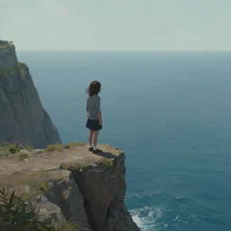 a terrified girl standing on the edge of a cliff overlooking a wide expanse of ocean, art by james kjennsen