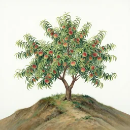 a peach tree full of peaches on a mountain ridge by victo ngai