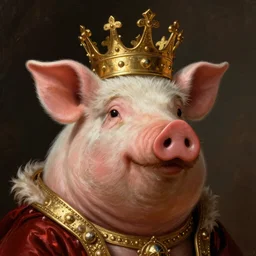pig with a gold crown with mustache, Realistic, Regal, Refined, Detailed Digital Art, Michael Cheval, Walt Disney (1937), François Boucher, Oil Painting, Steampunk, Highly Detailed, Cinematic Lighting, Unreal Engine, 8k
