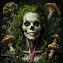 a beautiful detailed front view rococo portrait of a rotten woman corpse becoming almost a skull with face muscles, veins, arteries, fractal plants and fractal flowers and mushrooms growing around, intricate, ornate, volumetric light, beautiful lit, beetlejuice