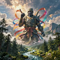 fairytale landscape with forest, river and mountains in the middle of the frame colossal ninja statue surrounded by colorful ribbons and party confetti , concept art, huge scale, high detail, sci fi by James Jean