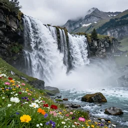 8 k high quality landscape in switzerland, waterfalls, beautiful river, and flowers.