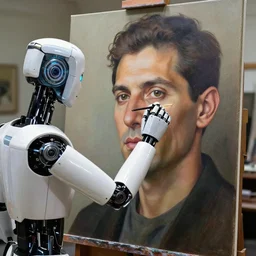 robot artist painting a self - portrait on a canvas. intricate, highly detailed, photorealistic, film still, by ismail inceoglu.
