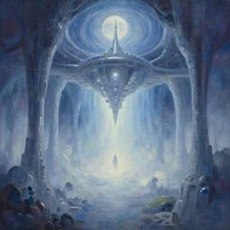 infinitely detailed elysium mothership crystal radiation retribution scarce color palette cold power-line alienated scenery in a dream subconscious cavern sacred geometry cold subtle mist painted by Makoto Shinkai palettes of moon dusk and dream fantasy canvas carefully structured abstract expressionism oil painting by  Eemre Aaa (2041)