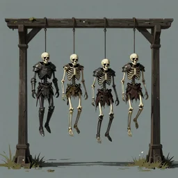 four skeletons in body armor hanging from gallows, video game concept art