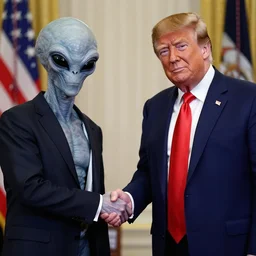 press photo portrait of donald trump shaking hands with a grey alien