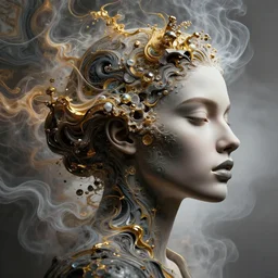 abstract head shot intricate portrait of the beautiful supermodel female face poses silhouette mixing with dense acrylic liquid paint sculpture, intricate fractals, elegant, abstract art, wavy and golden quartz and gradient abstract marble painting surrounded by smoke and energy flow. highly detailed. concept art, matte painting. epic. octane render, cinematic portrait, film still, volumetric light, cubism and futurism