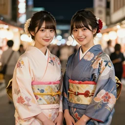 two beautiful charming japan female superstar wear arty kimono in festival | | sunny night, festival,, realistic shaded, smile, good looking, hyper details, 4 k realistic, cryengine, realistic shaded lighting poster by ilya kuvshinov, fuji choko, ross tran, 8 k resolution, trending on artstation, luxury
