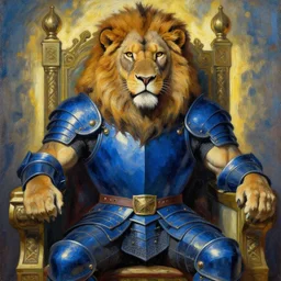 close up of muscular lion in blue medieval armor on a throne, backlight , expressionism painting