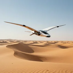 futuristic ornithopter dune 2 0 2 1 with articulated flapping wings flying over a beautiful desert with dunes